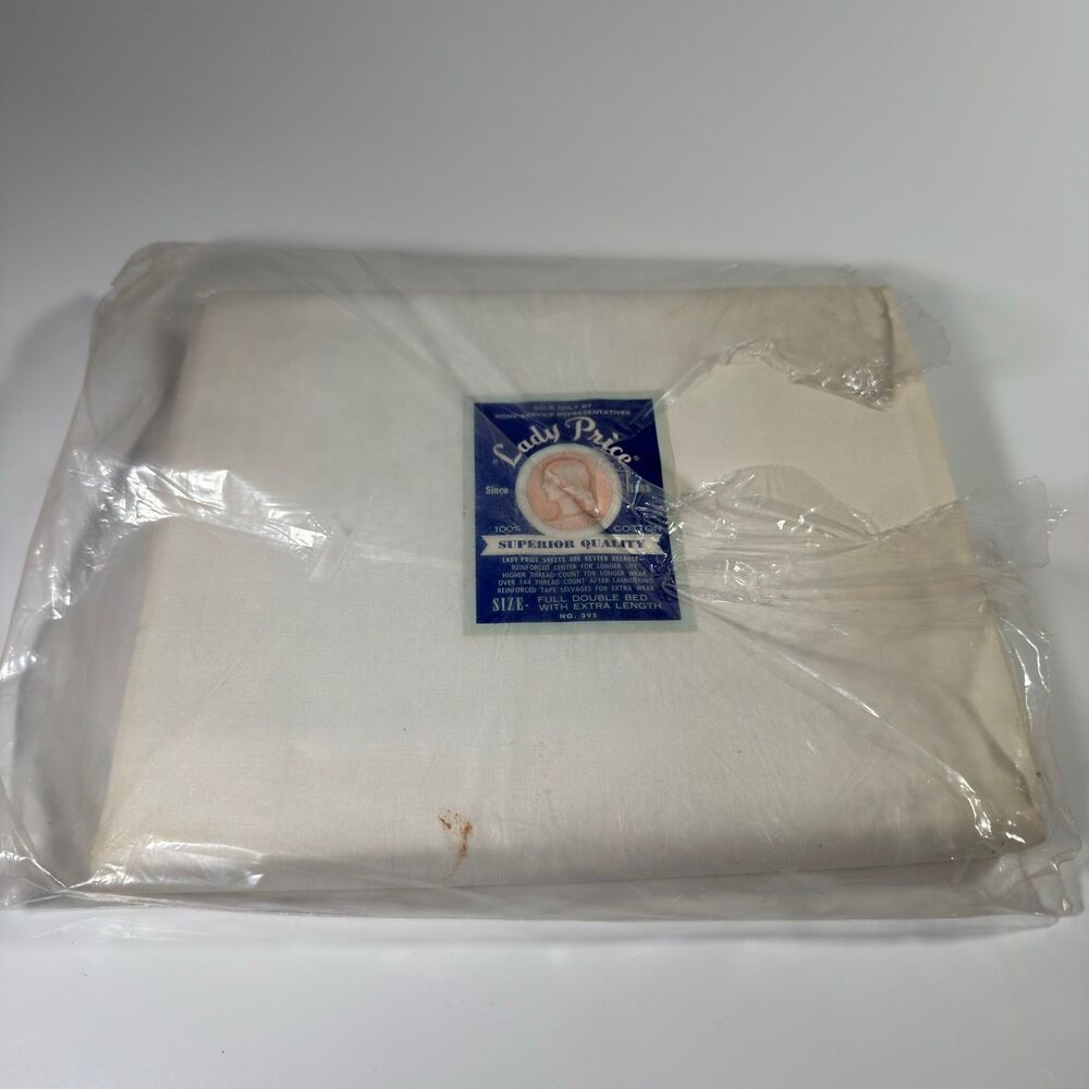 Vintage Lady Price Double Full Flat Bed Sheet White 100% Cotton NOS Deadstock